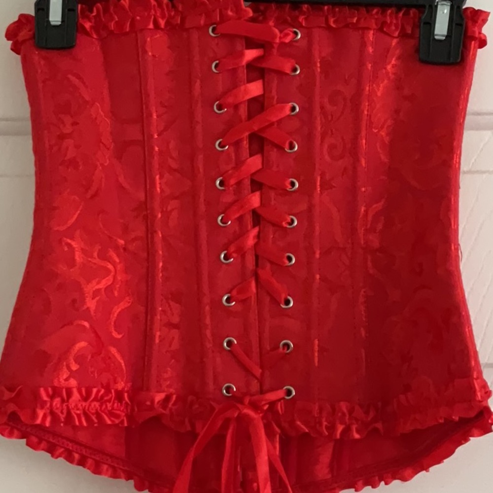 Red Satin brocade CORSET, Lisa is down the back size small. Perfect condition. - Picture 6 of 7